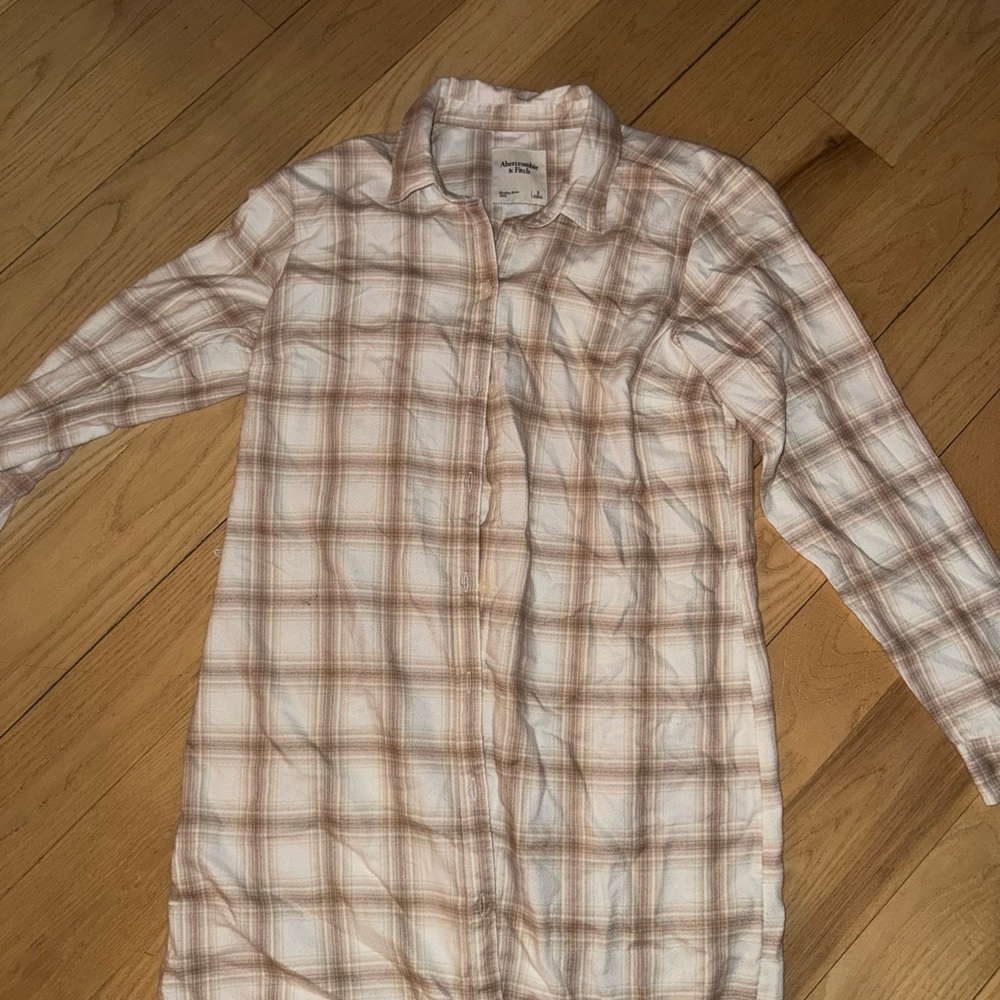 Abercrombie & Fitch Women's Long Sleeve Plaid Dress in Cream and Tan